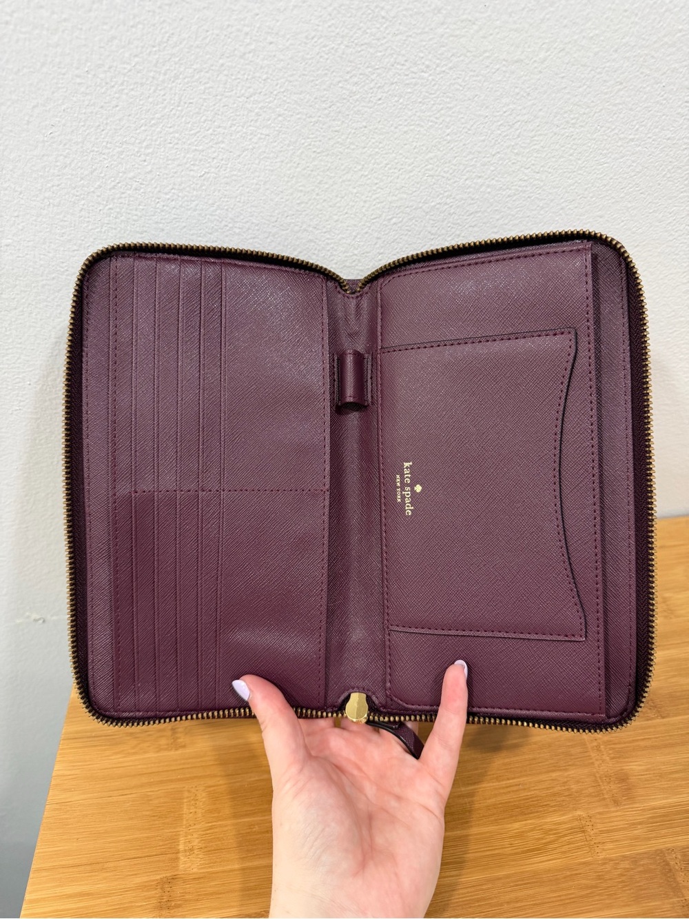 Kate Spade Continental Zip Wallet Burgundy Saffiano Leather Gold Hardware